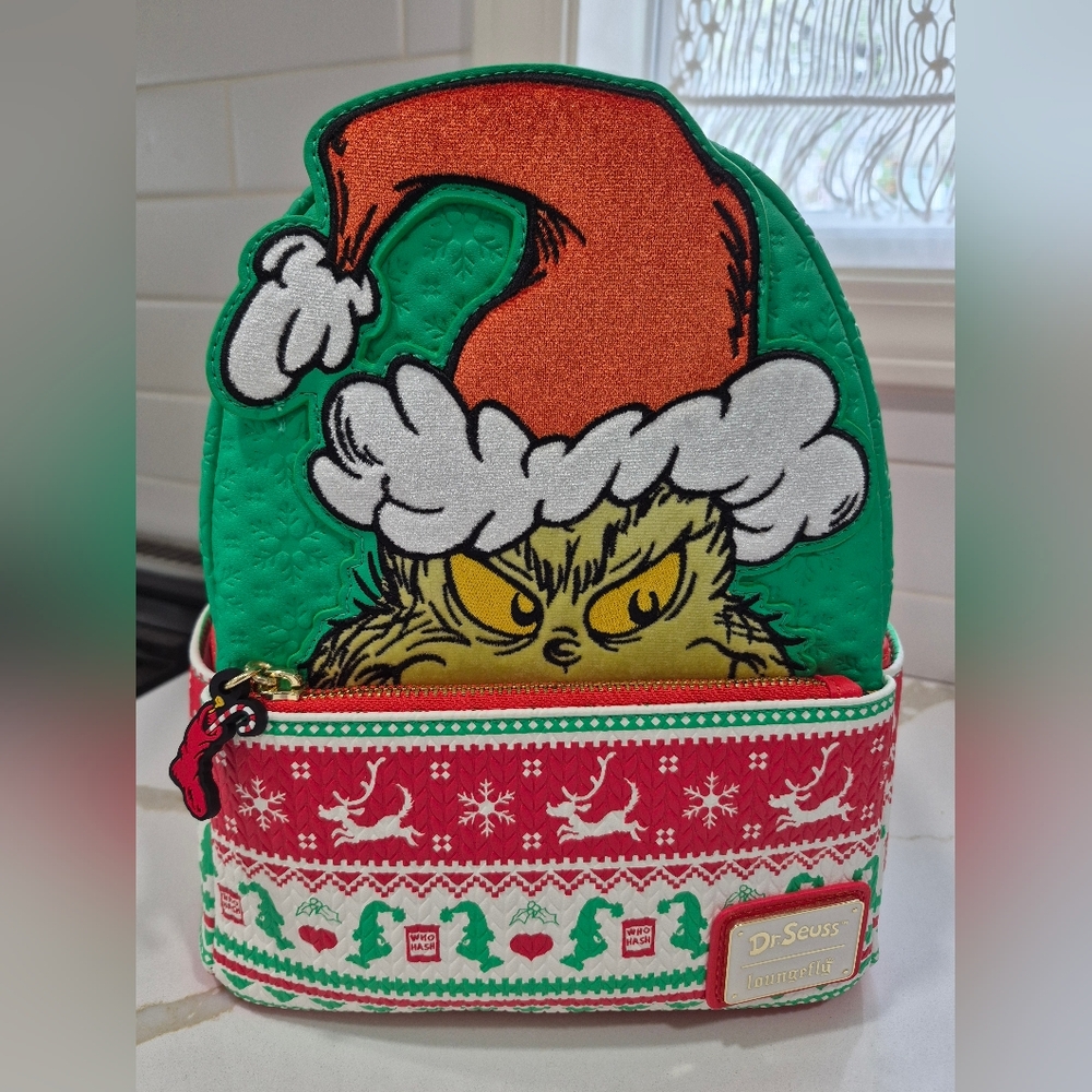 Loungefly Green and Red Grinch Sweater Backpack